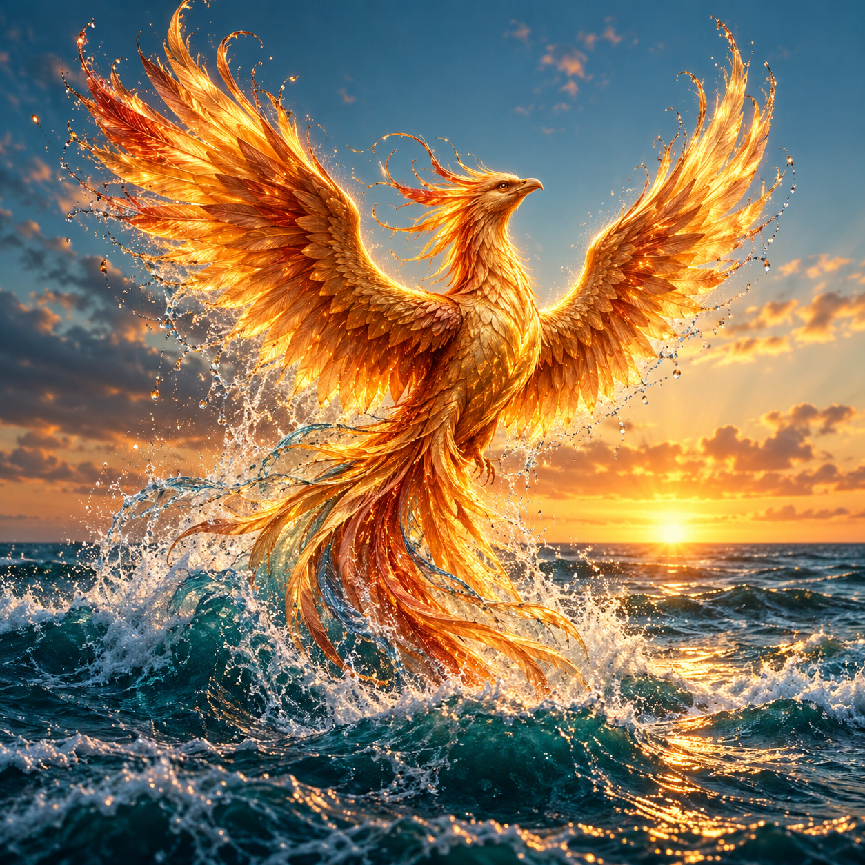 Golden phoenix rising from ocean waves at sunrise